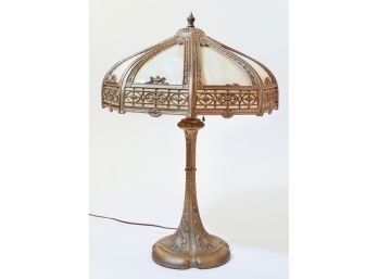 Antique Slag Glass Table Lamp With Open Work Shade