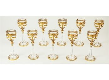 Set Of Ten (10) Antique Moser-style Chalice-Form Wine Glasses