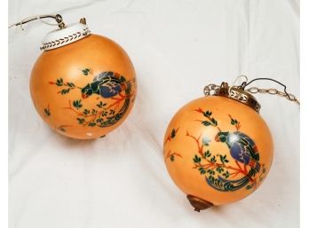 Pair Of 1920s Hand-Painted Globe Lamps W/ Parrot