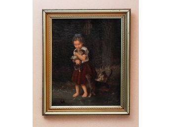 19th Century Oil On Canvas Painting Of Girl With Kittens