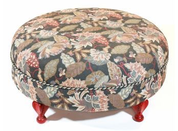 Upholstered Round Ottoman On Red Iron Legs