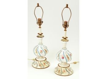 Pair Of Hand-Painted Porcelain Swirl Form Table Lamps