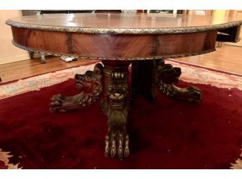 Antique Mahogany Banquet Table On Massive Lion Pedestal