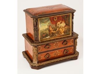 Antique Leather, Wood And Painted Jewelry Box