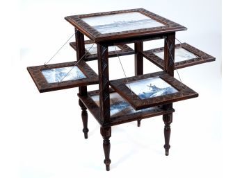 An Unusual Antique 19th Century German Carved Wood & Porcelain Plaque Serving Table