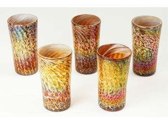 Set Of Five (5) Beautiful Hand Blown Cased Glass Loetz-style Tumblers