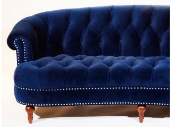 A Jennifer Taylor Tufted Dark Blue Velvet Sofa W/ Nailhead Construction (like New)