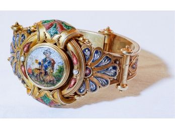 A 19th Century Italian 14k Yellow Gold Micro Mosaic Locket Bracelet