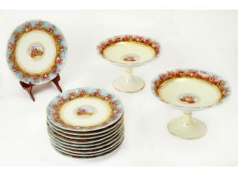 Ten (10) Courting Scene Porcelain Plates & Two (2) Matching Compotes