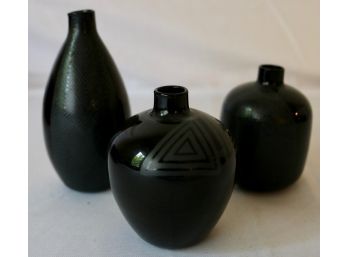 Diminutive Black Glass Bud Vases With Native Designs