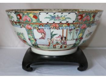 Vintage Japanese Porcelain Centerbowl On Ebonized Wood Stand