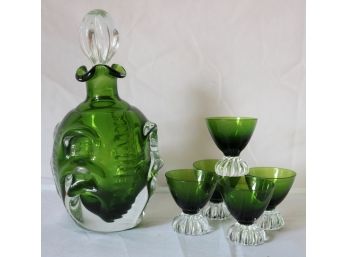 Cool Handblown Green & Clear Glass 6 Pc. Cordial Set