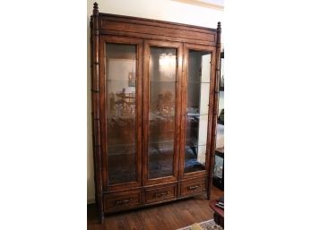 Lighted MCM Faux Bamboo Glass Door Cabinet By Century