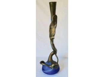 Unusual Art Nouveau Handblown Glass Vase With Bronze Overlay - Singed 'Venus P.K.'