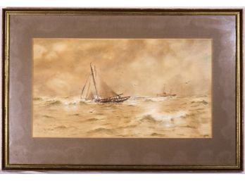 Antique Watercolor Seascape With Boats On Paper Artist Signed & Dated