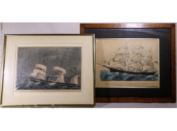 Two Framed Antique Hand-colored Currier & Ives Nautical Prints