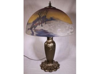 Early 20th Century Painted Lamp Shade & Metal Base