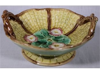 Antique Hand Painted Majolica Branch Handled Primrose Footed Basket