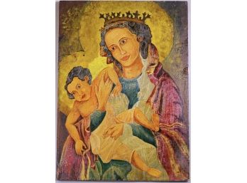 20th Century Painted Icon On Wood Plank