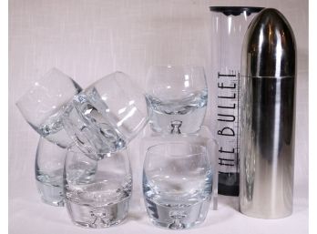 Six Heavy Vintage Rocks Glasses & Modern Stainless Steel Bullet Cocktail Shaker