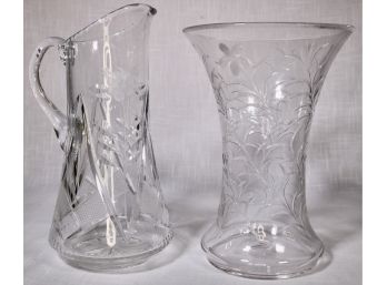 Large Etched Glass Water Pitcher And Vase