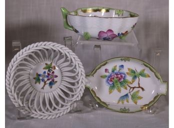 Group Of Three HEREND Porcelain Hand-painted Ceramic Dishes