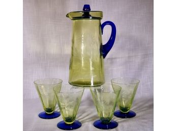 Depression Glass GREEN & BLUE Etched Pitcher & Glass Set - Five Pieces