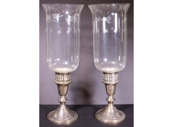 Vintage Pair Of Sterling Silver & Etched Glass Hurricane Candleholders By Towle