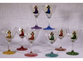 Mid 20th Century COLORFUL Hand-Painted 'Dancing Couple' Cordial Glasses - Set Of 8