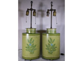 Pair Of Vintage Floral Hand-painted Green Tole Lamps