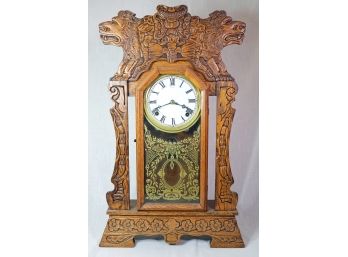 Antique New Haven 'NORICK' Gingerbread Kitchen Clock In Figural Lion Oak Case