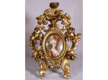 Antique 19th Century Hand-Painted Limoges Porcelain Plaque Gilt Rococo Frame