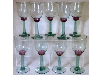 Set Of Nine Multi Color Footed Hand-Blown Glass Goblets