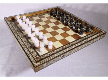 Vintage Middle-Eastern Inlaid Chess Board With Marble Pieces.