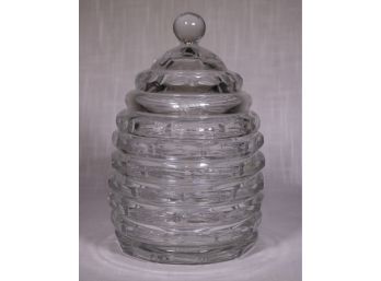 Large Bee-hive Form Etched Glass Lidded Honey Or Sweets Jar