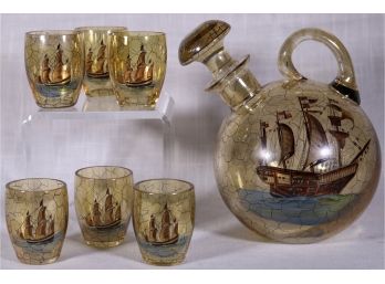 Vintage Hand Painted & Blown Ship Ball Decanter & Cordial Glasses - Set Of 7