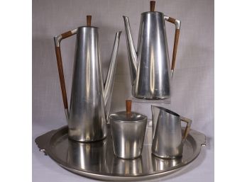 Mid-Century Modern Royal Holland KMD Pewter & Teak 5 Pc Tea Set