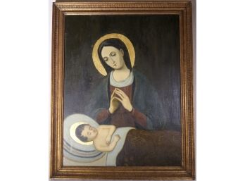 20th Century Oil On Canvas Of Virgin And Child