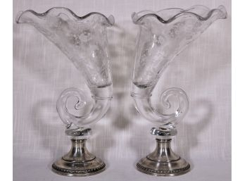 Pair Of Cambridge Chantilly Cornucopia Vases With Weighted Silver Base