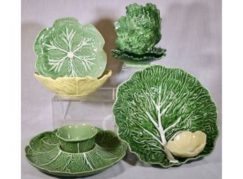 Nine Piece Portuguese And Italian Cabbage / Leaf  Majolica Dishes