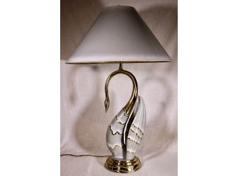 Brass & Enamel Swan Form Lamp With Shade