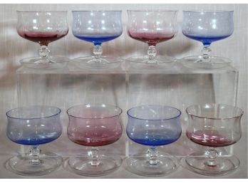 Set Of Eight Hand-Blown Glass Blue Red Dessert Dishes