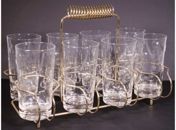 A Mid-Century Eight Glass Brass Bar Caddy With Glasses