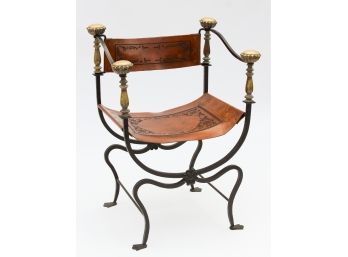 An Early 20th C. Italian Savonarola Tooled Leather, Iron & Brass Armchair