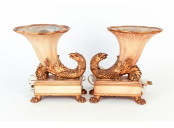 Giltwood Eagle Head Form Cornucopia Footed Table Lamps - A Pair