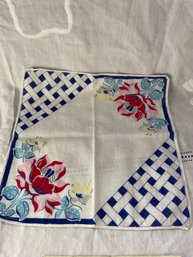 10 Inch Handkerchief With Yellow And Red Flowers And Blue Trim