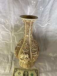 Brass And 'ivory' Vase 12 Inches High And 6 Inches Wide Intricately Craved Designs