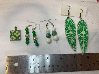 3 Pairs Of Earring And A Scrabble Charm All Green And White