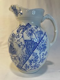 Vintage Large Ceramic Pitcher With Unique Blue Design