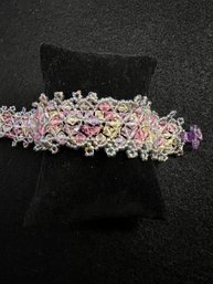 Handmade Seed Bead Yellow And Pink Bracelet With Purple Rose Clasp